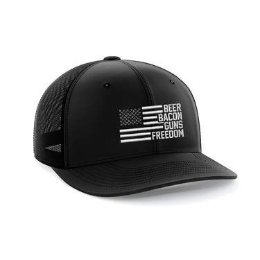 Beer, Gun's, Bacon Embroidered Trucker Hat Hat Greater Half Black/Black